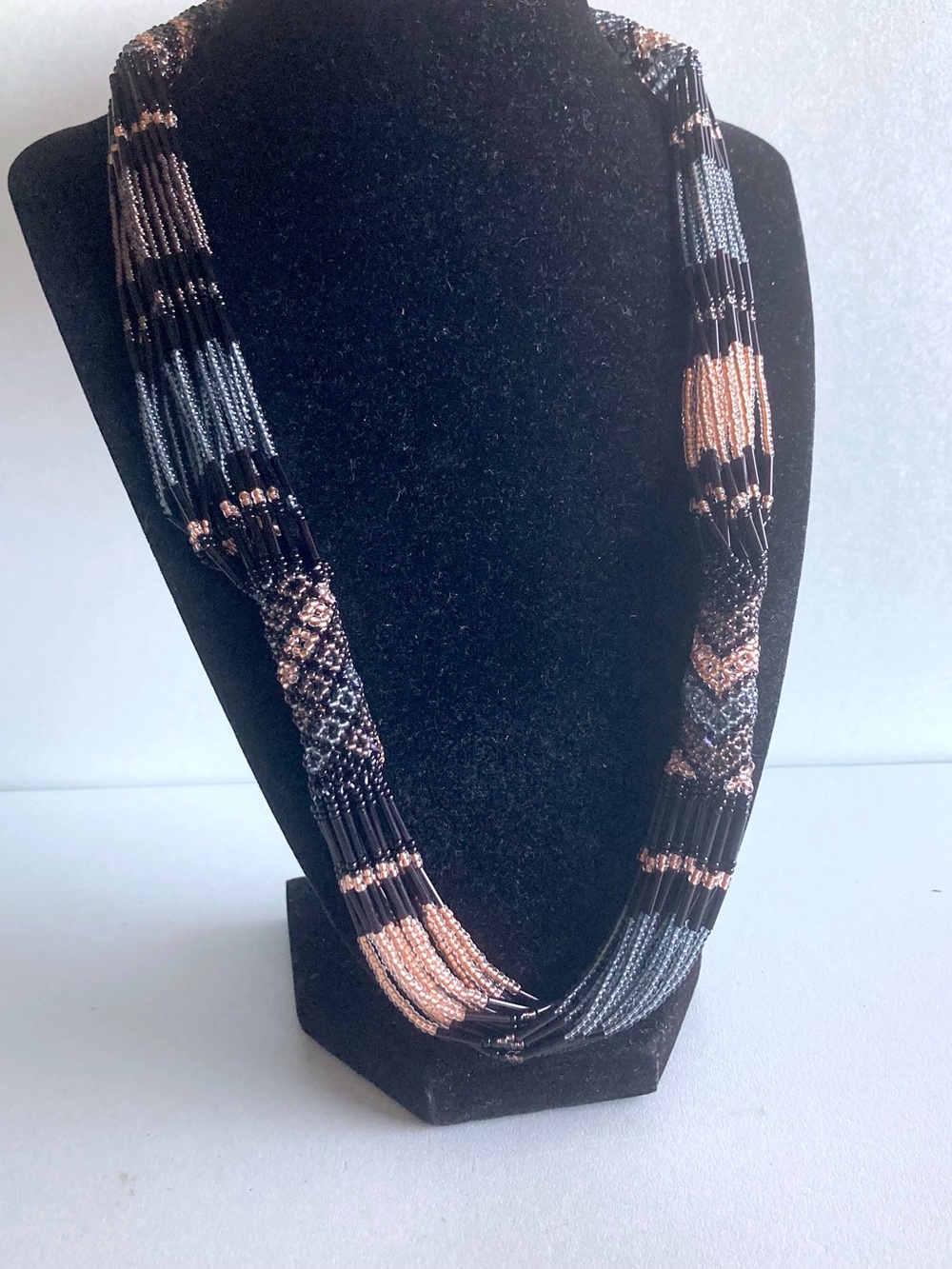 Beaded Multi-Strand Black and taupe tone Necklace